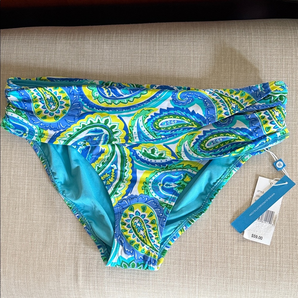 Blue Rod Beattie Size 10 or 14 Ruched Cross Over Paisley Swim Bottoms NWTs $59